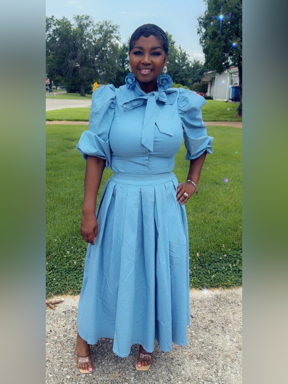 Tailored Light Blue A-Line Midi Skirt by